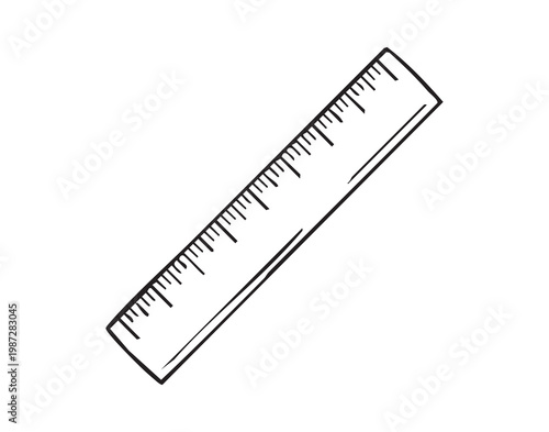 Simple ruler sketch on white background, black ink outline of straight ruler with clear centimeter and inch marks, minimal monochrome aesthetic, precise measurement focus, clean flatlay composition