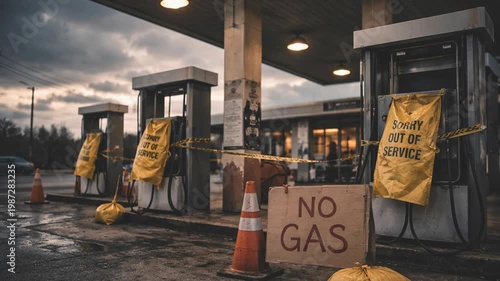 abandoned gas station with out of service pumps and no gas sign