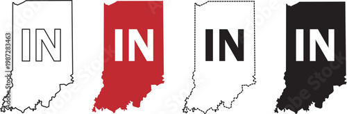 Indiana state map with in abbreviation in four different colors and styles