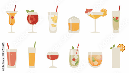 A colorful collection of various tropical cocktails and refreshing drinks