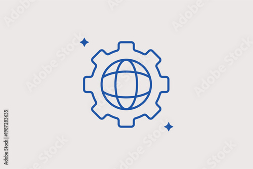 Globe inside a gear line icon for global settings and international network configuration. Technical Vector Illustration for web hosting services and global optimization tools.