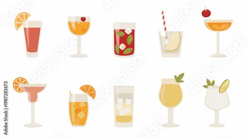 Variety of colorful cocktails and drinks presented in glass containers