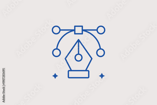 Pen tool with anchor points line icon for vector path creation and logo design. Artistic Vector Illustration for branding agency websites and digital illustration masterclasses.