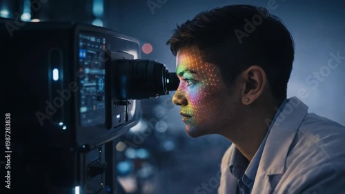 Scientist examining data with advanced technology in laboratory for research purposes