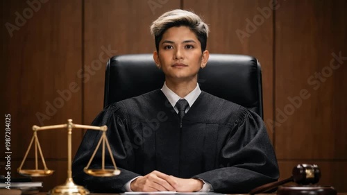Judge presiding over court session in formal attire with legal symbols