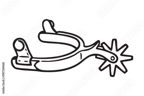 Cowboy spur with star decoration. Metal and leather cowboy spur illustration scene. Detailed depiction of cowboy spurred boot featuring star rowel and mixed leather and metal embellishments