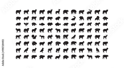 Large collection of eighty small animal silhouettes featuring livestock pets and wildlife icons for varied graphic design.