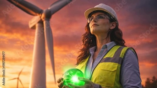 Female engineer holding green globe near wind turbines at sunset for renewable energy