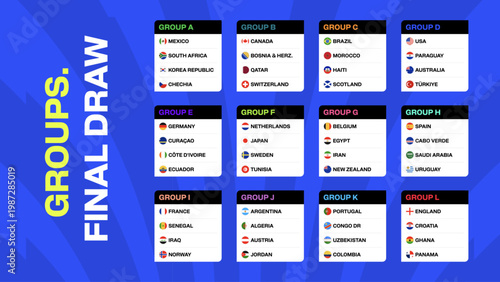 Football Tournament 2026 Groups Final Draw Presentation with Stylized Country Flags for Sports Event Announcement