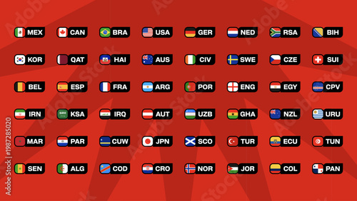 Country Flags Group for Football 2026 Tournament A Stylized Vector Collection for National Team Qualification Announcements, Dynamic and Modern.