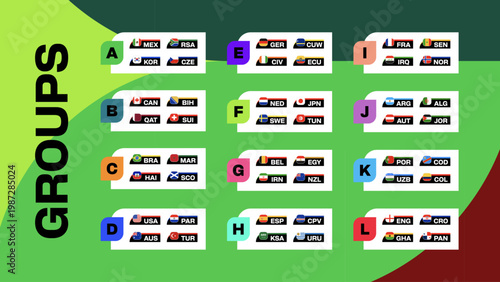 Groups of Countries Football 2026 Tournament Qualification Displaying National Flags in a Modern Vector Design.