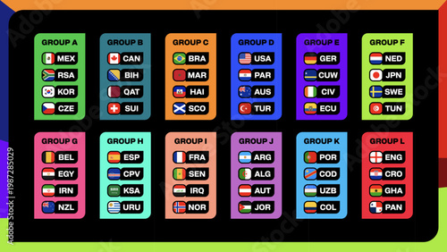 Football Tournament Group Stage Displaying Country Flags and Team Abbreviations for the 2026 Event, Modern Dynamic Design.