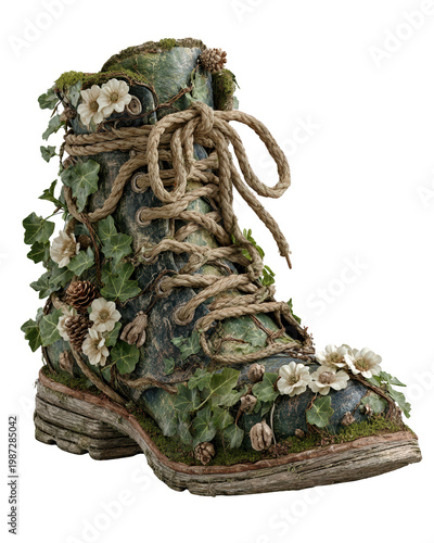 Vintage Boot Surrounded by Colorful Flowers and Green Leaves in Nature