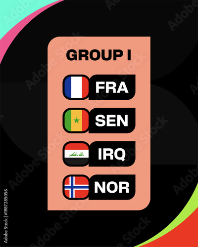 Group I National Flags Display for 2026 Football Tournament Qualification Stage Announcement, Modern Graphic Style.
