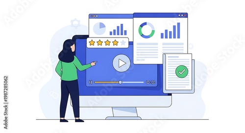 A woman presents data on a large computer screen displaying charts and graphs in a business setting with technology.