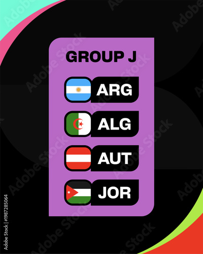 Group J Football 2026 Tournament Flags Showcasing Qualification Teams in Modern Vector Style.