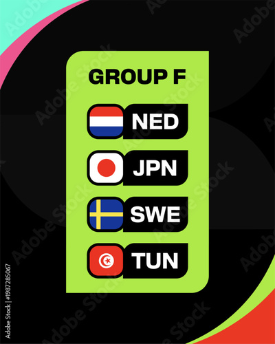 Group F Football 2026 Tournament with Competing Nations Flags Displayed in Modern Vibrant Vector Style.