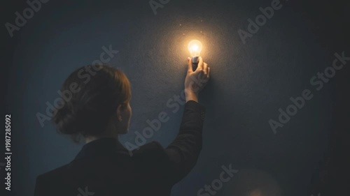 Woman holding light bulb against dark wall for creative inspiration and ideas