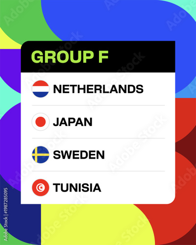 Modern Group F Football 2026 Tournament Teams Displaying National Flags in a Stylized Vibrant Vector Design