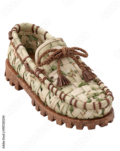 Handmade Woven Green Slip-On Shoe with Natural Material and Decorative Details