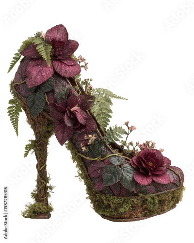 Elegant Floral High Heel Shoe Adorned with Purple Flowers and Greenery