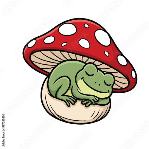 A cute frog sleeping under a mushroom cap clip art