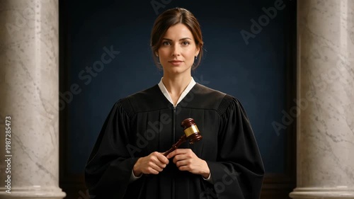 Female judge holding gavel in courtroom with serious expression and professional attire
