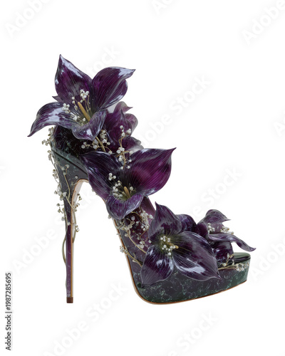 Elegant Floral High Heel Shoe with Purple Lilies and Modern Design