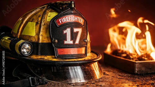 Firefighter helmet with number 17 and flames in background for emergency services