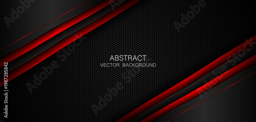 Abstract black and red polygons overlapped on dark steel mesh background with free space for design