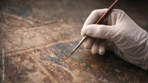 Hand restoring artwork with brush on textured surface in conservation studio