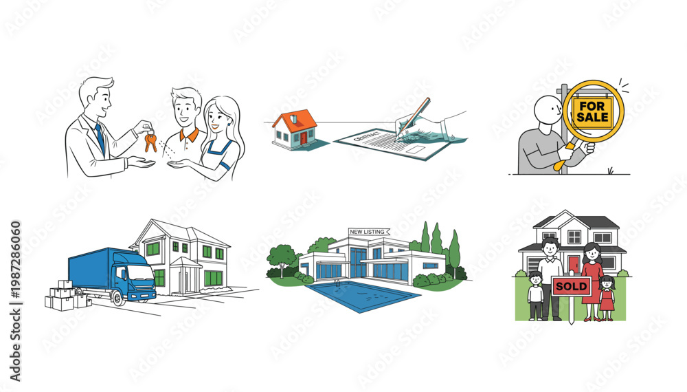Fototapeta premium real estate process set with home buying selling moving and property listing illustrations