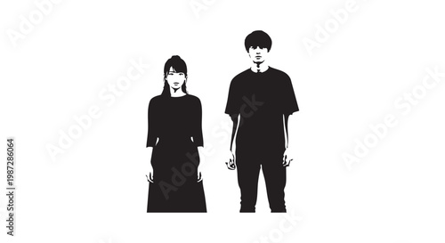 Minimalist black and white vector illustration of a man and a woman standing side by side looking forward with serious expressions.