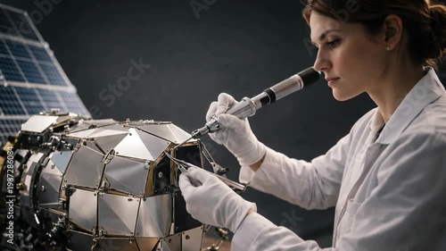 Female engineer working on satellite technology in laboratory for space exploration