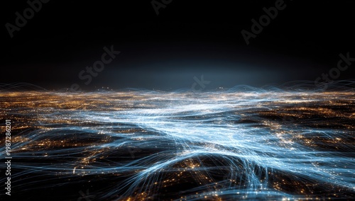 Abstract flowing light trails create a network of energy over a glowing, dark landscape