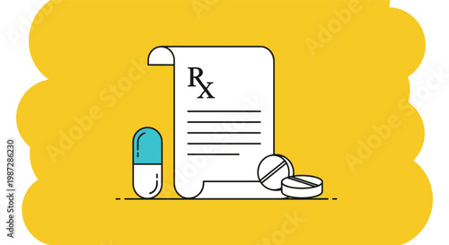 Medical prescription for patient healthcare is shown with an rx document alongside pharmaceutical capsules and pills on yellow.