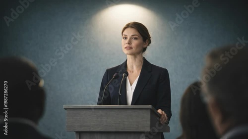 Businesswoman giving presentation at podium in professional conference setting