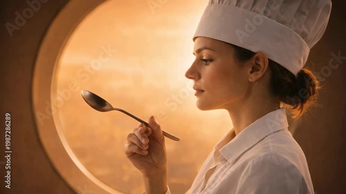 Female chef holding spoon in kitchen with warm lighting for culinary inspiration