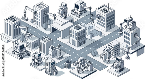 Isometric Smart City Illustration with Automated Robots, AI Delivery Systems, and Futuristic Infrastructure on White Background