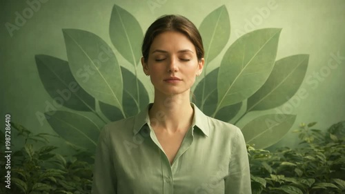 Woman meditating in a serene green environment for relaxation and mindfulness