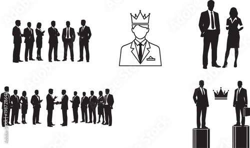 Detailed black and white flat vector illustration collection of corporate leadership scenes featuring business people silhouettes