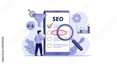 A man examines a large smartphone with SEO checklist on screen surrounded by tools and graphs in an office.