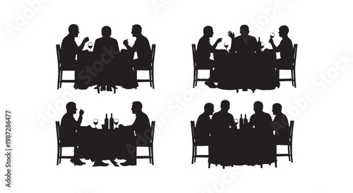 People dining together at restaurant tables having dinner and drinking wine with friends isolated silhouette set design.