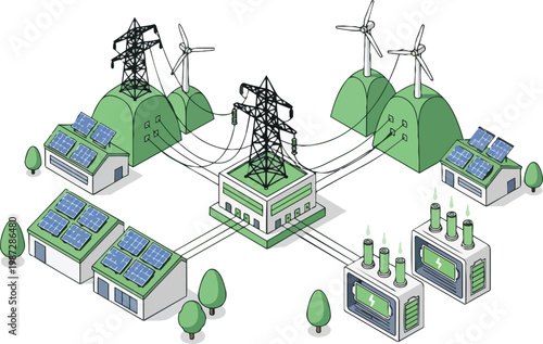 Smart Green Energy Grid Isometric Illustration with Solar Panels, Wind Turbines, and Battery Storage for Sustainable Electricity Distribution