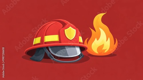 firefighter helmet with flame illustration on red background