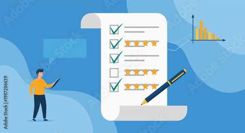 Customer experience feedback is analyzed by a man using a tablet to review a large checklist with star ratings and a growth chart.