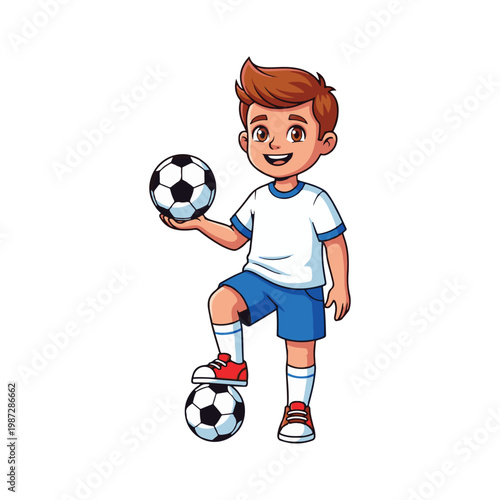 A happy boy playing soccer with a ball enjoying a fun outdoor game
