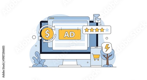 A computer monitor displays an advertisement with a dollar sign and rating stars on a desk with plants and a cup.