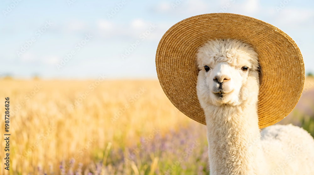 Fototapeta premium Cute alpaca wearing straw hat in golden wheat field with copy space for banner