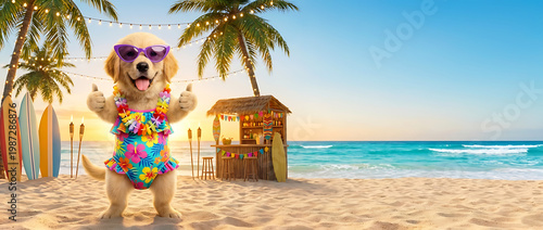 Cute golden retriever puppy in floral swimsuit and sunglasses showing thumbs up on tropical beach with copy space